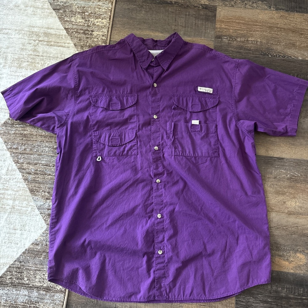 Columbia PFG Men's XL Purple Short Sleeve Button-Down Fishing Shirt Pockets